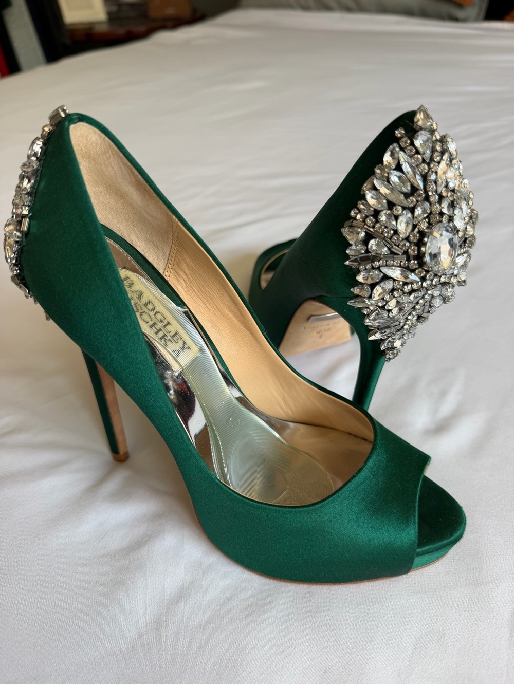Badgley Mischka "Kiara" Dark Green Satin Jewel Embellished Peep Toe Pumps